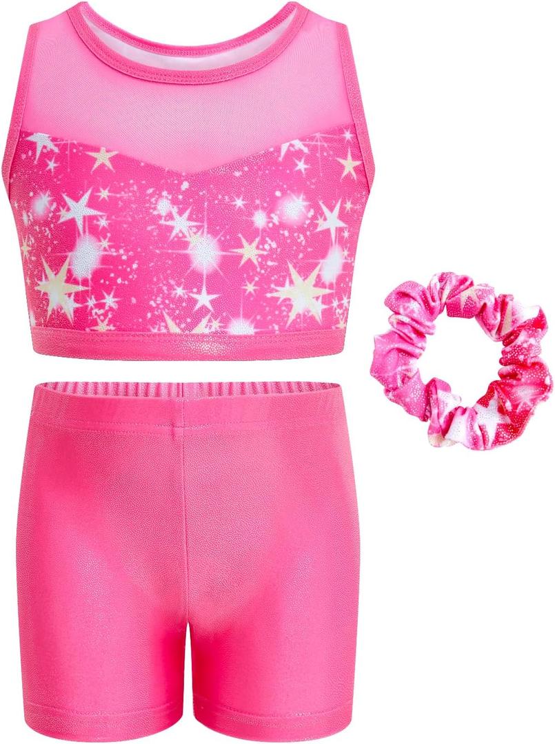 JiAmy Two Piece Gymnastics Leotards for Girls, Sparkly Dance Biketards with Shorts Ballet Tumbling Outfit for Girl 3-12 Years (5-6 Years, Pink)