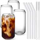 NETANY Drinking Glasses with Glass Straw 4pcs Set - 16oz Highball Glass Cups, Beer Glasses, Iced Coffee Glasses, Cute Tumbler Cup, Ideal for Whiskey, Soda, Tea, Water, Gift, 2 Brushes (10 Piece Set)