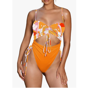 Viottiset Women's Cut Out Drawstring One Piece Swimsuit Cheeky High Cut Bathing Suit | L