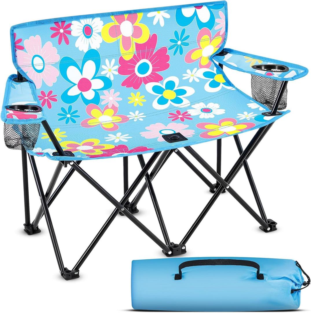 Folding Double Lawn and Camping Chair Gift for Birthday Portable 2 Person Love Seat Camp Chair with Cup Holder Outdoor Foldable Beach Chair for Beach Travel Picnic Sports(Floral)