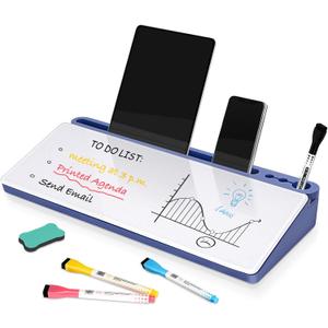 DOLLAR BOSS Glass Desk Whiteboard Small Dry Erase Board Desktop White Board with Storage Drawer Computer Keyboard Stand Desk Organizer Office Accessories School Supplies with 4 Markers 1 Eraser, Blue