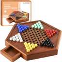 Wooden Chinese Checkers with Drawers 12 Bonus Spare Marbles| Natural Wooden Board Game| Includes 60 Colorful Acrylic Marbles | Family Board Game for Kids and Adults (12.7 Inches)