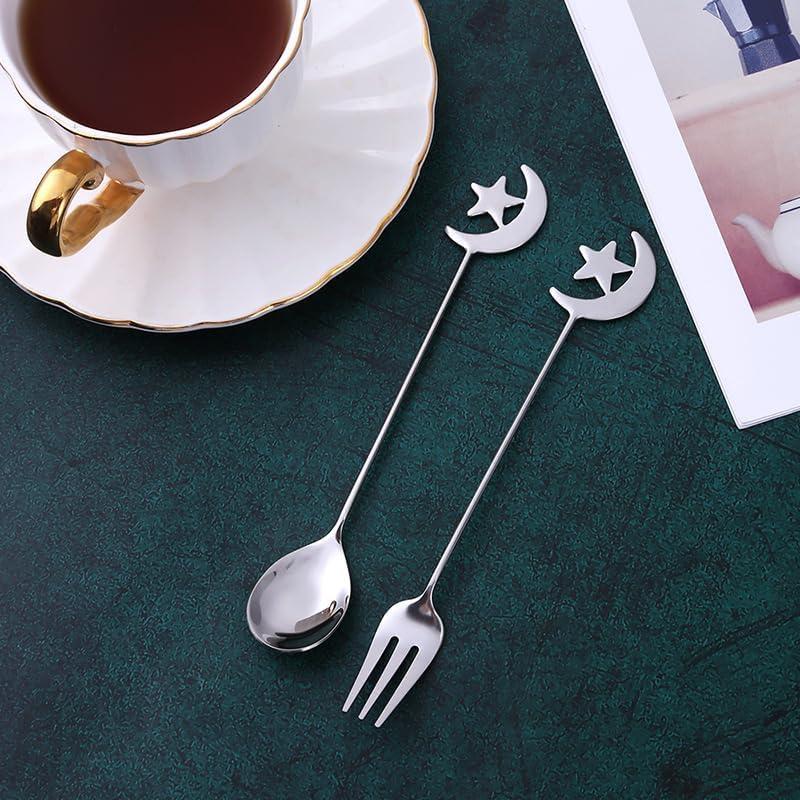 2 PCS Spoon Forks Set 6.3 inch Stainless Steel Stars Moon Teaspoon and Fruit Fork Coffee Ice Cream Stirring Dessert Drink Soup Spoons Salad Appetizer Tableware Kitchen Restaurant