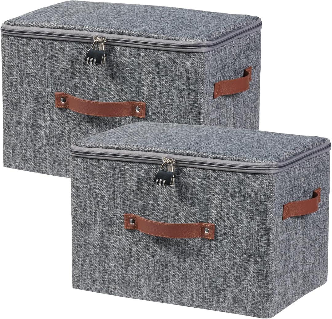 2PCS Storage Bins Boxes with Zipper Lid Combination Lock PU Leather Handles Cotton Linen Fabric Lidded Lockable Baskets Foldable Washable Closet Shelf Organizer Container (Gray, Large)
