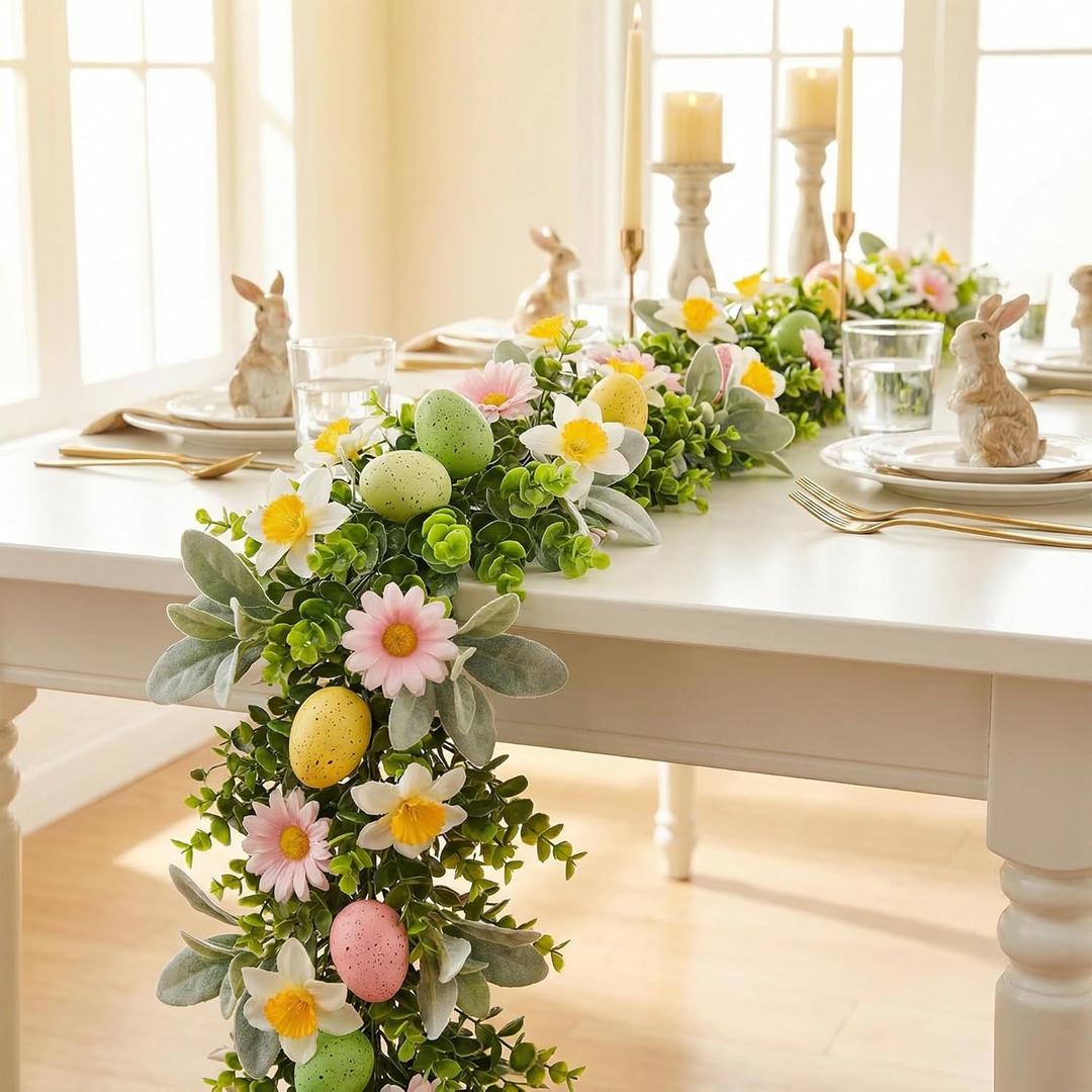 6ft Easter Spring Garland with Flowers, Colorful Eggs & Berries Buds- Vibrant Faux PE Decor for Mantle, Staircase, Table