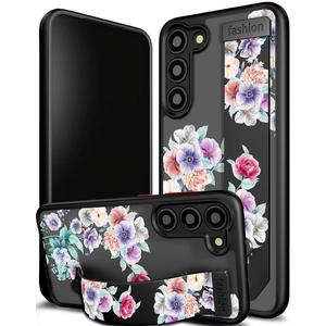 Compatible for Samsung Galaxy S23 Case Cute with Strap Stand Finger Kickstand, Designer Cool Silicone Cases Funda Cover - Red Rose Peony Floral