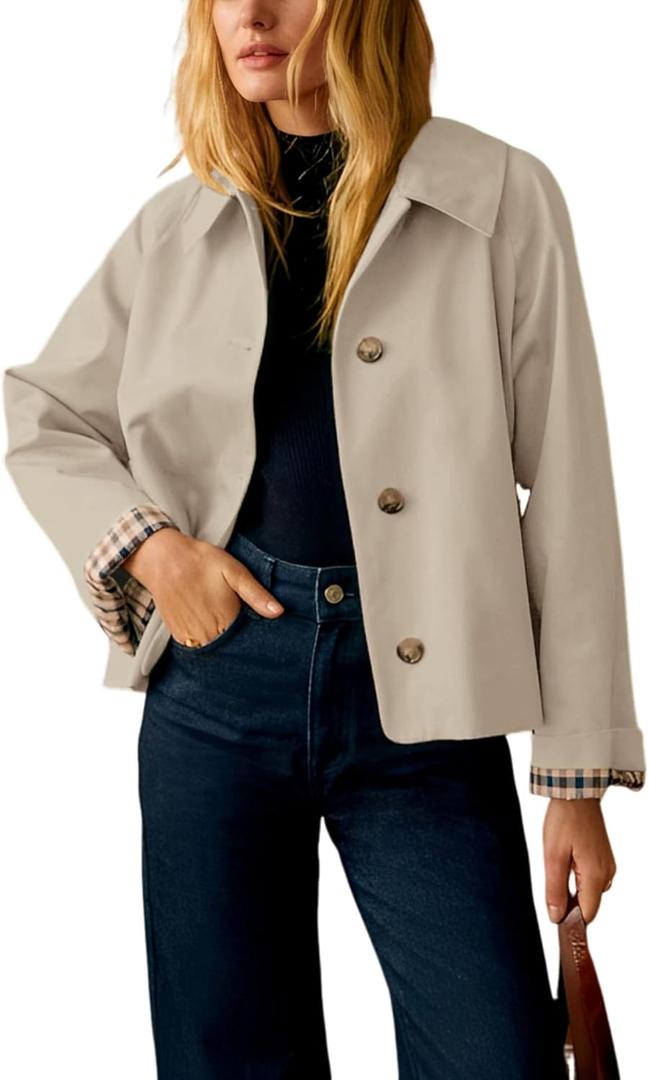 Yeokou Women Oversize Trench Coat Plaid Lining Lapel Button Down Casual Crop Jacket Outwear with Pockets, M