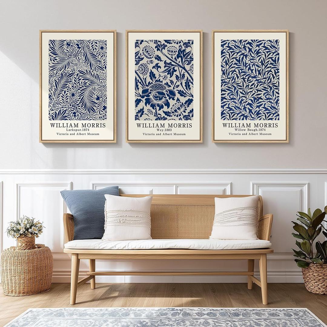 Framed Large Blue William Morris Wall Art Set of 3, Vintage Botanical Floral Canvas Wall Decor Painting, Farmhouse Aesthetic Artwork Prints for Living Room, Bedroom, Hallway, Office, Total Size 30x60