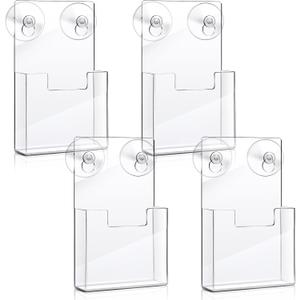 Booson 4 Pack Acrylic Brochure Holder Wall Mount with Suction Cups 7.4 x 4.2 Inch Window Clear Plastic Pamphlet holder Flyer Display Rack for Office Shop Retail Store Sticker Window