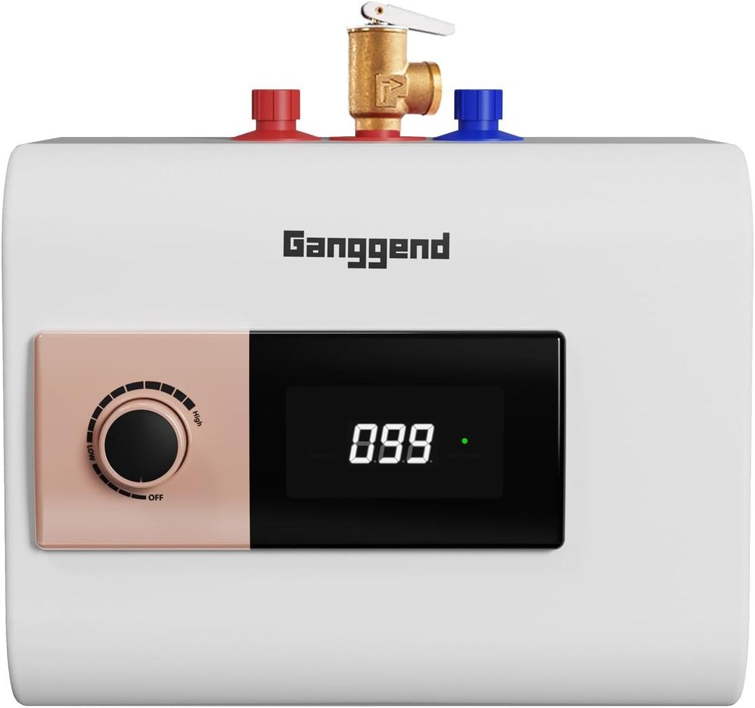 Ganggend 2.5 Gallon Electric Water Heater, 1500W 110V Mini Tank Under Sink Instant Hot Water Heater with Pressure Release Valve, Digital Display for Kitchen, RV, Laundry,Food Truck, Beige