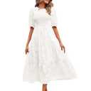 micidad Women's 2023 Boho Floral Dress Casual Crewneck Puff Sleeve Smocked Midi Dress Summer Flowy Tiered A-line Dress (Medium, White)