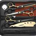 Professional Black Gold Hair Scissors 6.89" Teeth Japanese Stainless Steel Multifunctional Salon Thinning Scissors Straight Shears Tools for Men Women Home Salon Barber