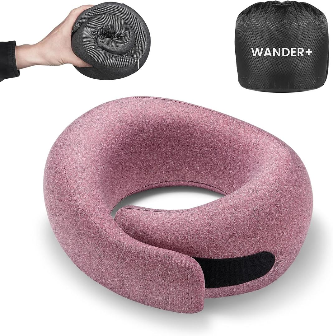 WANDER PLUS Travel Pillow, 100% Pure Memory Foam Travel Neck Pillow Airplane Neck Support Ergonomic Design Best for Sleeping Plane Car Train Office Flight for Adults Carmine