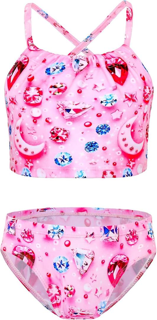 TENVDA Girls Swimsuit 2-Piece Halter Tankini Set Beach Sport Bathing Suit UPF 50+ Swimwear, 140 (Pink)