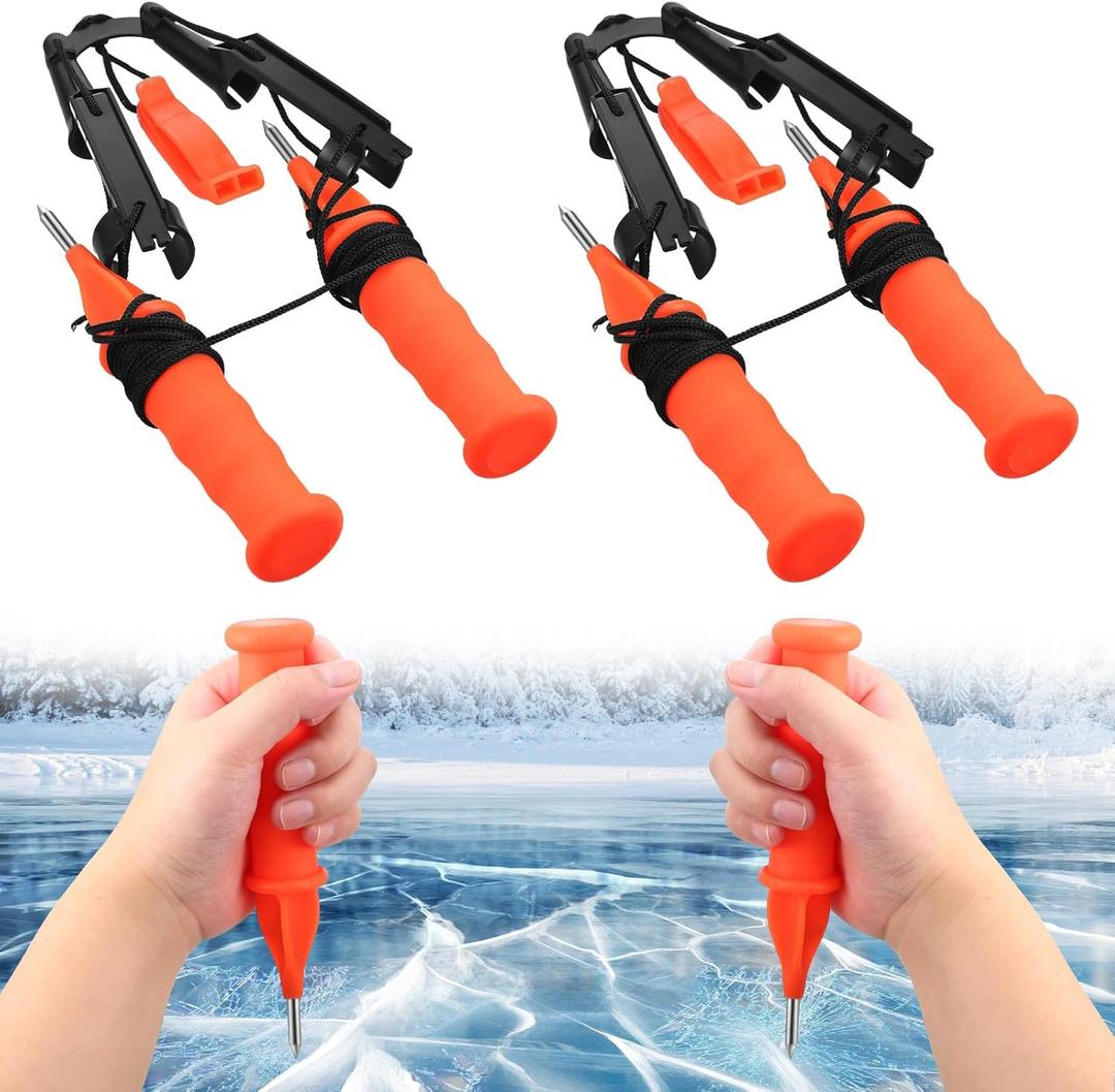 Gisafai 4 Pcs Retractable Ice Safety Picks Kits for ICES Fishing Skating Emergency Gear Accessories Portable Picks and Safety Whistle Tool Ice Spearing Equipment Winter Activities(Orange,Retro)