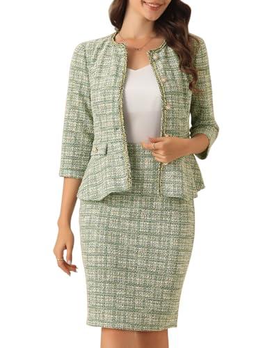 Allegra K Women's 2 Piece Tweed Skirt Set Suit 3/4 Sleeve Jacket Pencil Skirt Elegant Business Suits for Women, Large, Green