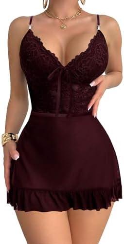 Foxiny Sexy Sheer Mini Bodycon Baby doll Lace Lingerie Set Sleep Dress with Thong 2 Piece Outfits M