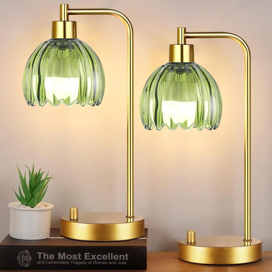 Green Table Lamp Set of 2,Small Glass Bedside Lamps Dimmable Boho Bedroom Lamp with Tulip Flower Lamp Shade,Gold Vintage Mid Century Modern Mini Nightstand Lamp for Bedroom Living Room