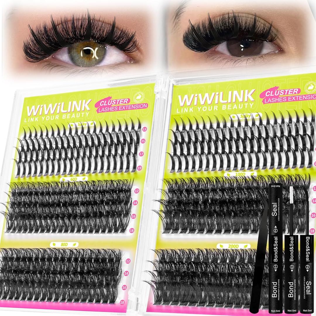 Lash Clusters Kit with Spikes Lashes Clusters Wispy 60D+80D+100D+200D Manga Eyelash Clusters D Curl 456PCS Cluster Eyelash Extensions Volume 12-18mm Individual Anime Lashes Kit Bond&Seal by WiWiLINK