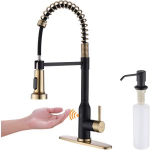 Touchless Kitchen Faucet KEER Smart Motion Sensor Hands Free Single Handle Spring Kitchen Sink Faucet with Pull Down Sprayer,Matte Black Gold