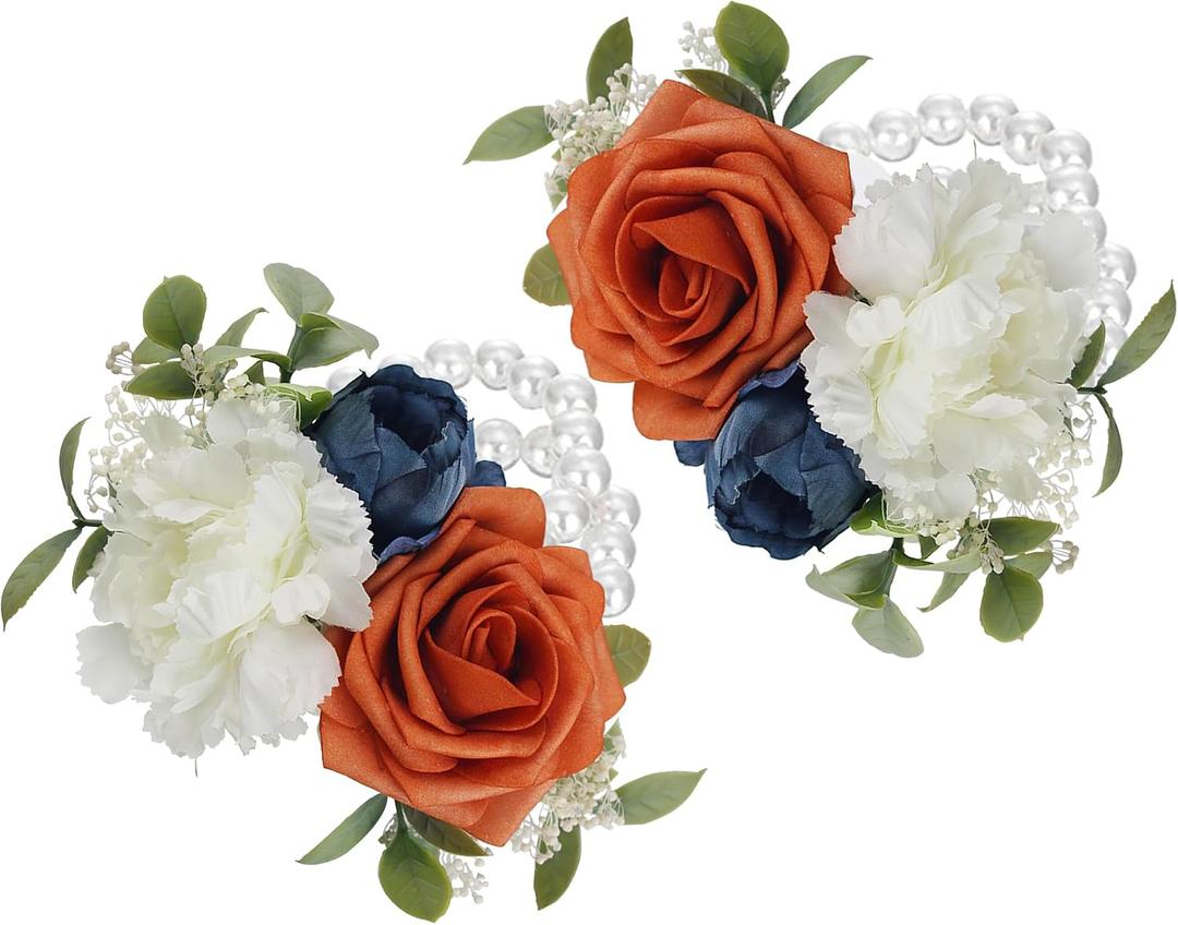 Rinlong 2Pcs Navy Terracotta Wrist Corsage Artificial Flower Corsage for Wedding Homecoming Prom Bracelet Wrist Flowers Bride Bridesmaid Flower Navy Blue Burnt Orange