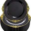 Nervure 100PCS Black Gold Plastic Plates - 7.5 inch Black Plastic Plates with Gold Rim - Disposable Black Gold Dessert Plates for Wedding & Party & New Year (7.5inch)