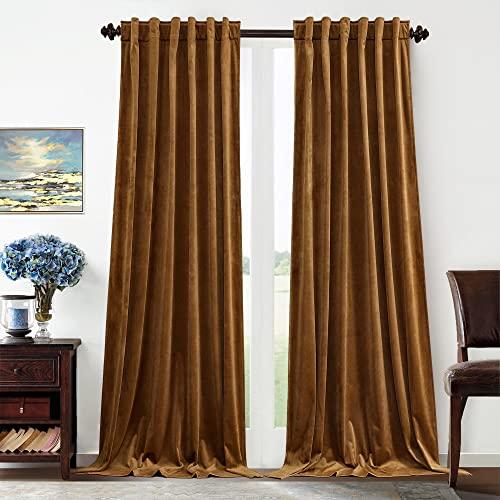 Benedeco Gold Brown Velvet Curtains for Bedroom Window with Back Tab, Super Soft Vintage Luxury Heavy Drapes, Room Darkening Thermal Insulated Curtain for Living Room, W52 by L120 inches, 2 Panels