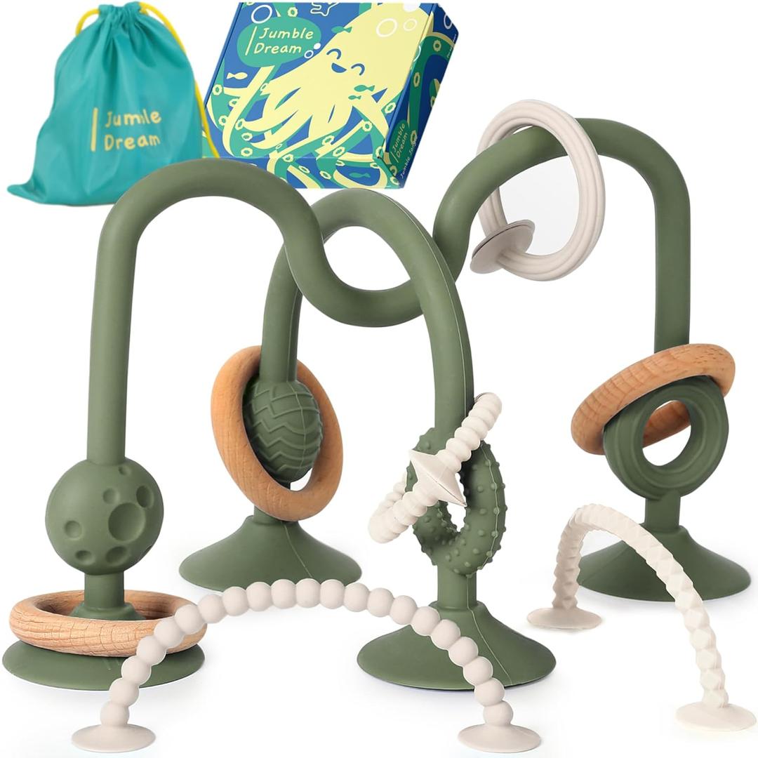 Jumble Jangle Baby Teething Toys  BPA-Free, Multi Purpose High Chair Toys for Babies: Suction Teething Relief with Sensory Toy Textures for Infants and Toddlers 324+ Months (Green)