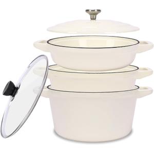 QuliMetal Enameled Cast Iron Set 5-Pc, 10" Stackable Space-Saving Cookware Set, Dutch Oven, Skillet, Grill Pan, with 2 Universal Lid, Versatile Enamel Dutch Oven, Included Spacers, White, 5.2Qt Dutch Oven, 10-Inch Skillet, 4Qt Grill Pan