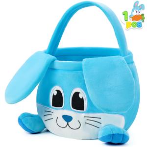 JOYIN Easter Bunny Baske with Foldable Ears, Empty Soft Basket with Handle, Easter Gifts for Babies, Kids Egg Hunt Game, Candy Bag, Party Favor Storage Container(10" 8")