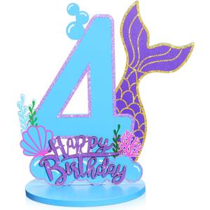 Mermaid Birthday Number Sign Centerpiece for Girls Wooden Mermaid Party Number Table Sign Decoration Supplies for Birthday Anniversary(Number 4)