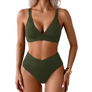 Sexy Ribbed Bikini Set 2 Piece Womens High Waisted V-Cut Cheeky High Leg Tummy Control Longline Swimsuit (Medium, Army Green)