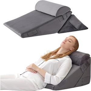 Bedluxe 3Pcs Orthopedic Bed Wedge Pillow Set, Foam Wedge Pillow Post Surgery for Back, Leg and Knee Support, Adjustable 9&12 Inch Folding Triangle Pillow for Sleeping, Acid Reflux, Snoring, Velvet, Adjustable 9&12 Inch + 1 Head Pillow