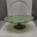 Martha Stewart Highbrook 11" Jadeite Glass Cake Stand  Handmade Vintage-Style Dessert Stand with Ruffle Trim, Decorative Pedestal Cake Plate for Display & Serving