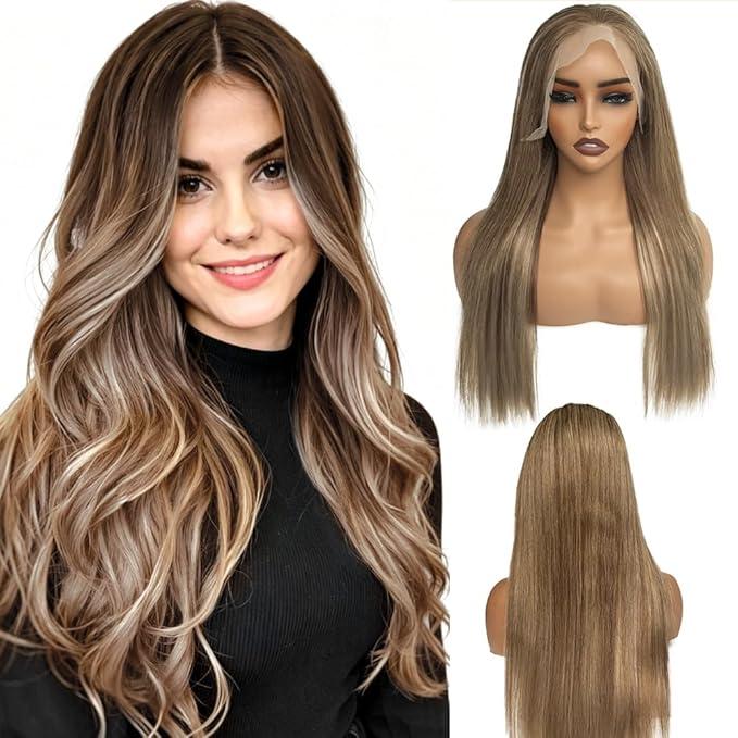 13x6 Ombre Lace Front Wigs Human Hair for Women Light Brown to Brown with Ash Blonde Highlights HD Straight Lace Closure Wig Glueless Remy Brazilian Virgin Hair 18 Inch Pre Plucked Bleached Knots