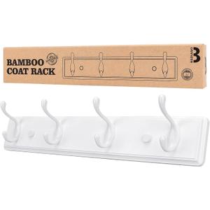 Badiano Wooden Coat Rack, Wall-Mounted Organizer for Closet, Entryway, Hallway, Foyer, Bedroom, Heavy Duty Double Hooks for Hanging Towels, Bags, Hats, Jackets, Key (White, 4 Hooks)