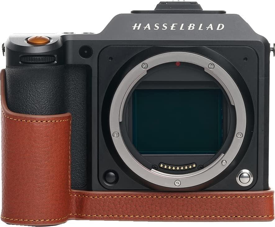 X2D 100C Camera Case, BolinUS Handmade Genuine Real Leather Half Camera Case Bag Cover for Hasselblad X2D 100C Camera Bottom Opening Version + Hand Strap (Brown)