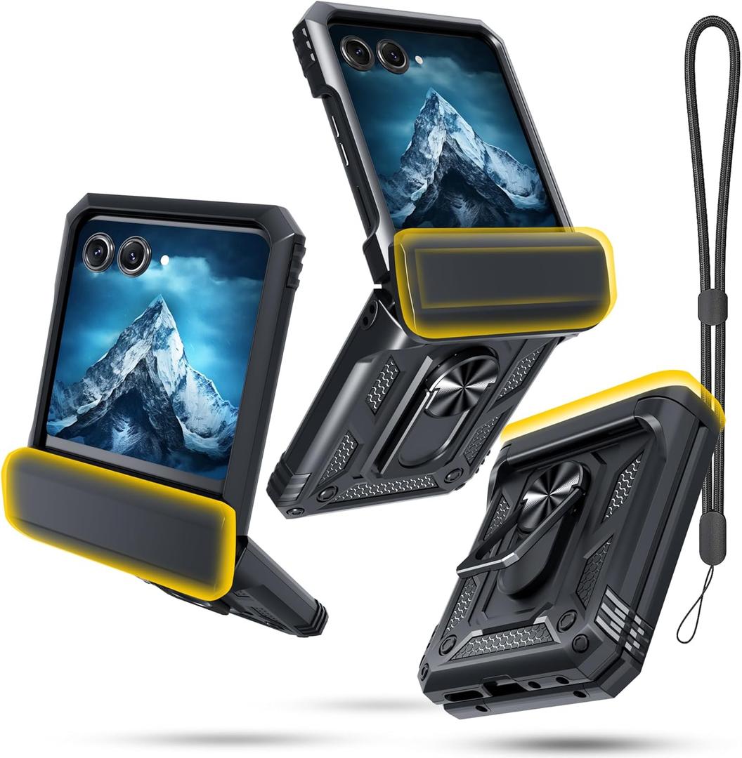 Janmitta Case for Moto Razr 2024/2025/2026,Razr+ Plus 2024/2025/2026 with Lanyard+Hinge Protection+Finger Ring Holder Kickstand,Dual-Layer Full Body Protective Shockproof Phone Cover,Black
