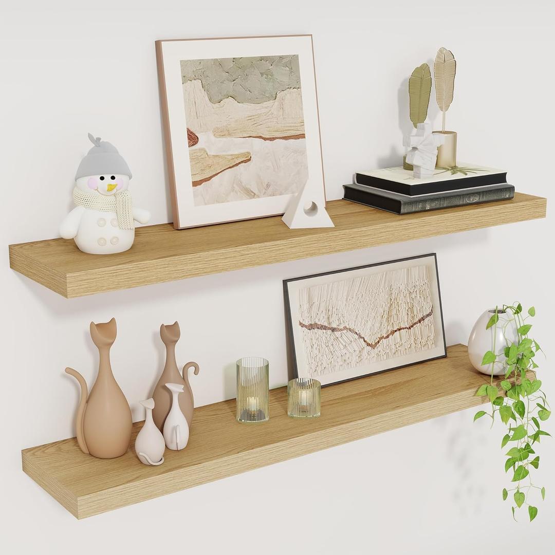 Fun Memories 30" Rustic Wood Deep Floating Shelves for Wall, Invisible Brackets for Decor & Storage, Living Room, Bathroom (Oak, Set of 2) (30"W x 6.5"D, Set of 2)