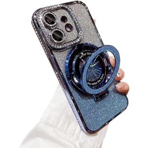Bling Glitter Phone Case Compatible with iPhone 12, Kickstand Camera Lens Protector Soft Cover Sparkling Rhinestone Case (Blue)