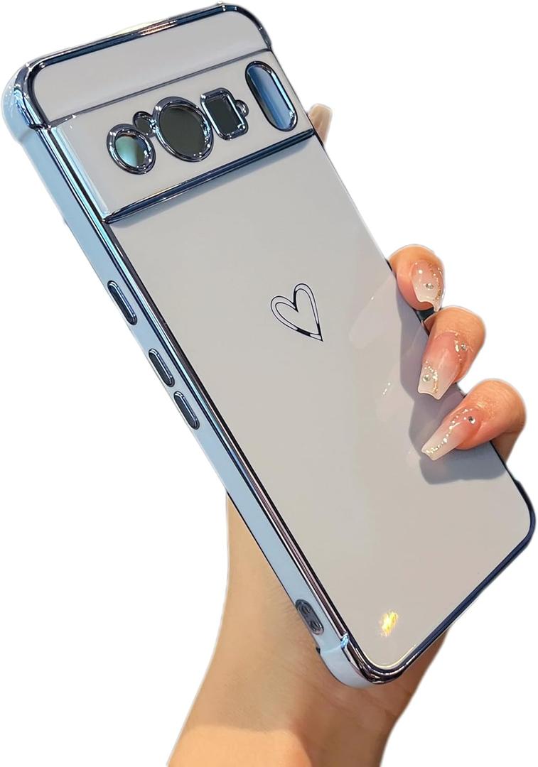 ZTOFERA Designed for Google Pixel 8 Pro 6.7 inch Case,Cute Plating Edge Love Hearts Pattern with Camera Lens Protection Phone Cover for Girls Women,Blue