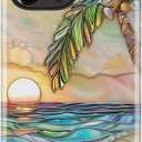 Esdot for iPhone 14 Pro Case Cute - Wireless Charging Compatible – Dual-Layer Soft Silicone + Hard Shell - Wildflower Design - Protective Phone Cover for Women Girls - Palm Tree Sunset Beach