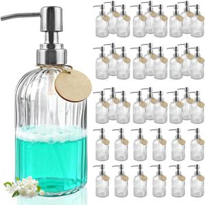 40 Pack Soap Dispenser Set with Stainless Steel Pump, Clear Glass Pump Dispenser, 18 Oz Refillable Empty Bottles for Hand Soap, Dish Soap, Shampoo&Conditioner, Kitchen Sink and Bathroom Decor.