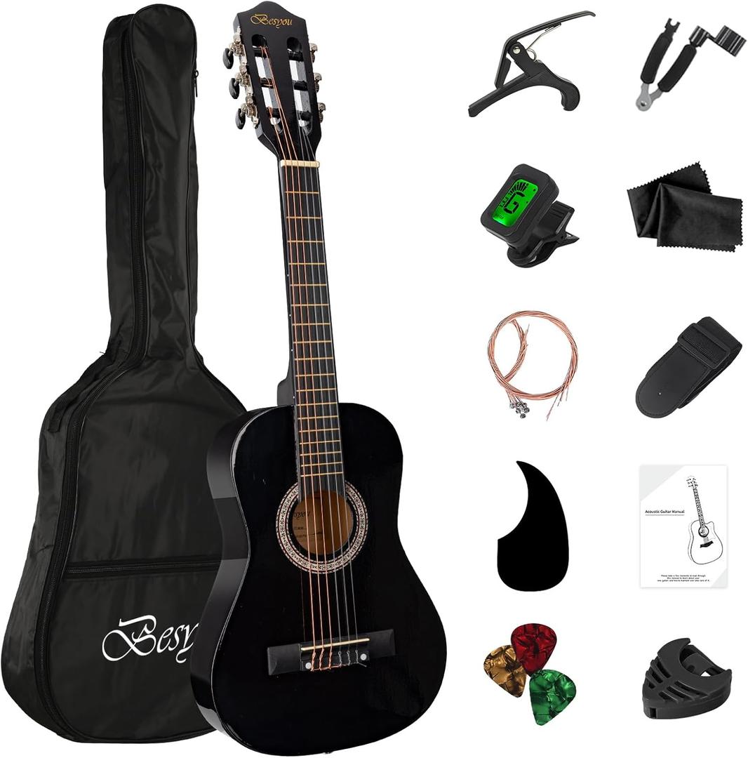 30" Black Beginner Acoustic Guitar Starter Package Student/Kids Guitar with Gig Bag,Strap,2 Picks,Extra Strings, Electronic Tuner.