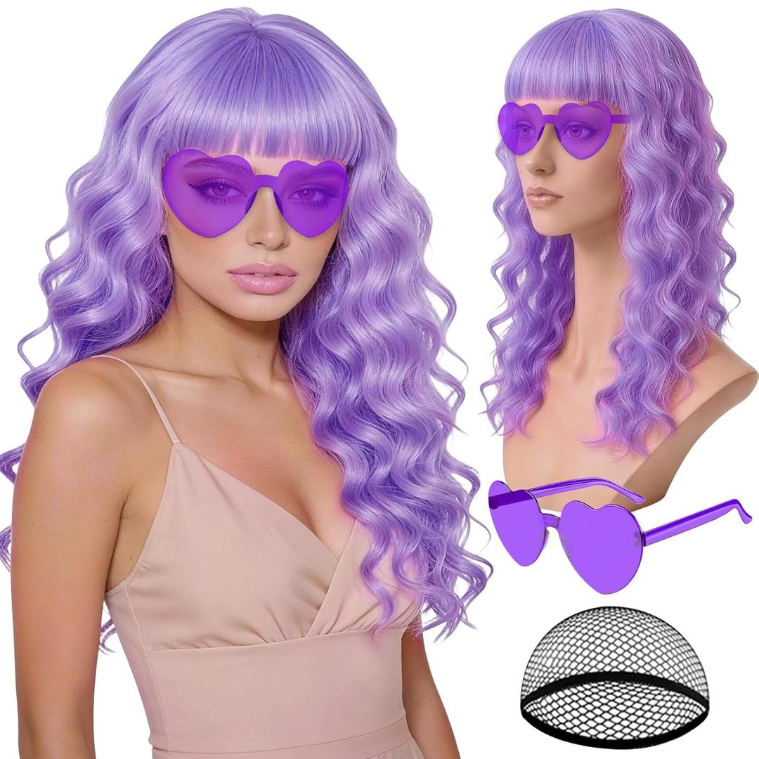 Light Purple Wave Wig for Women with Heart Sunglasses, ROOKEA Colored Long Curly Wigs with Hair Cap Wavy Curls Funny Hair for Bachelorette Costume Photography Birthday Sorority Mardi Gras Party Favors
