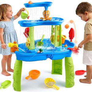FRUSE Kids Water Table for Toddlers 3-5,3-Tier Splashing Sand Water Table Toys with Accessories,Activity Sensory Play Table for Backyard Beach Grass,Summer Outdoor Toy for Boys Girls Age 3 4 5 6 7 8 (Blue)