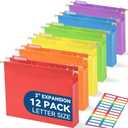 SortRax Plastic Extra Capacity Hanging File Folders, 2" Assorted Colors Expanding Pocket, Heavy Duty for Filing Cabinet, Insertable 1/5-Cut Tabs, Letter Size - 12 Pack