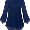 Furnex Blouses for Women Dressy Casual 3/4 Ruffle Sleeve V Neck Chiffon Double Layers Business Casual Tops for Women (Large, Deep Blue), XL