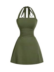 SOLY HUX Women's Summer Halter Mini Dress Backless Sleeveless Ruched A Line Graduation Dresses Sundress Back to School Plain Green Medium