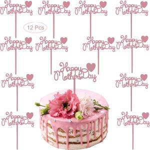 12Pcs Happy Mother's Day Cake Topper Acrylic Cake Topper Mother's Day Cupcake Topper Heart Shaped Cake Picks Cake Accessories for Birthday Mother's Day Gifts Cake Decoration Party (Rose Gold)